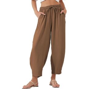 EVALESS Women's Summer High Waisted Baggy Pants Casual Ankle Length Trouser Slacks with Pockets