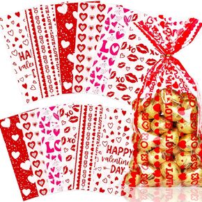 Sunboom Valentine's Day Teat Bags, 150PCS Valentines Cellophane Goodie Bags for Kids Class, Clear Heart Candy Cookie Gifts Bags With Twist Ties, Cellophane Treat Bags for Party Favors Supplies