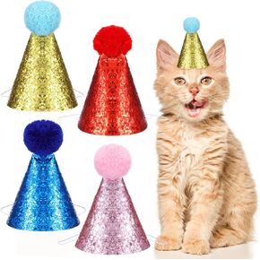 4Pcs Mini Cute Puppy Headbands Dog Birthday Hat Multi-Color Cat Hats with Pompons Christmas Pet Party Jazz Hat Adjustable Decoration Supplies for Holiday Kittens Rabbits Dogs Small Animals Friends