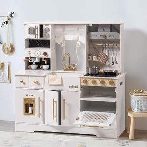 ROBUD Wooden Play Kitchen Set for Kids, Pretend Toy Kitchen with Ice Maker, Coffee Machine, Oven, Microwave, Cabinet, Utensils, Ideal Gift for Boys and Girls Ages 3+, White