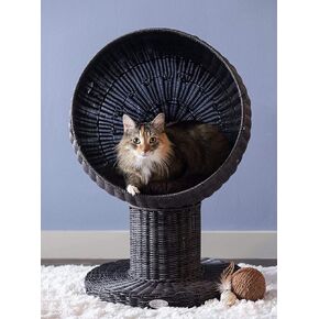 The Refined Feline Kitty Ball Cat Bed Cave for Indoor Cats in Espresso, Claw-Proof Faux Rattan Cat Furniture, Easy To Clean Elevated Cat Bed with Washable & Replaceable Covered Cushion