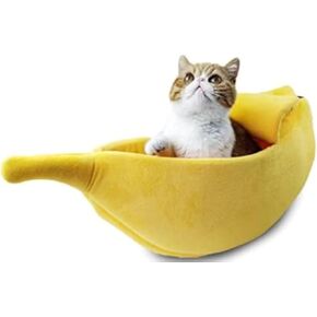 Cute Banana Cat Beds Pet Sofa Bed Cave Couch Shape Houseboat House Soft Pet Supplies Cat Cage Accessories Toys Breathable Universal in All Seasons Small Animals Mat(L 24.5 Inch, Yellow)