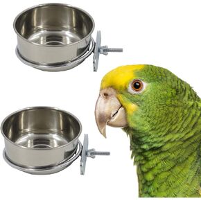 2 Pack Bird Cage Seed Feeder Pet Food Water Bowl Stainless Steel Parrot Feeding Coop Cup Dish with Clamp Holder for Medium and Large Parrots