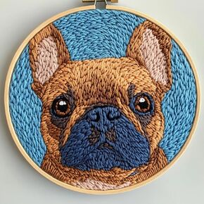 DIY Punch Needle Kits for Beginners Cute Cartoon Brown French Bulldog with Hoop Embroidery Punch Needle Starter Craft Set Easy for Adults and Children Festival Gift and Decoration 20x20cm-1