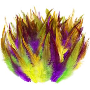 300pcs Mardi Gras Feathers 4-6inch Rooster Roster الريش السائبة الملونة لـ Mardi Gras Crafts Darnival Carnival Decoration (Green Purple Yellow)