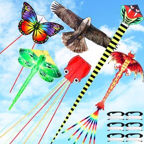 6 Pack Large Flying Kites for Adults Animal Kites with Reel and String Eagle Dragon Butterfly Dragonfly Octopus Snake Pterodactyl Dinosaur Kites for Beach Outdoor Park Game Activities