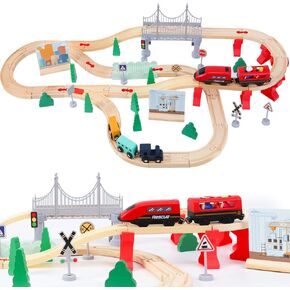 Wdmiya Wooden Train Set for Toddlers, 72 Pcs Wooden Train Track for Kids, Train Toy with Bridge and Tracks (Fits Thomas & Brio), Christmas Birthday Trains Gift for 2 3 4 5 6 7 8 Years Old