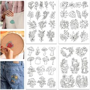 GLOBLELAND 4 Sheets Mushrooms Stick and Stitch Water Soluble Stabilizer 11.7x8.3inch Hand Embroidery for DIY Sewing Embroidery Flowers Green Plants Adhesive Hand Sewing Stabilizers Non-Woven Fabric