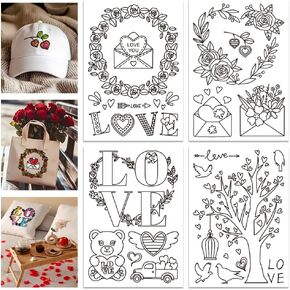 GLOBLELAND 4 Sheets 11.7x8.3 Valentine's Day Water Soluble Embroidery Stabilizer Roses Love Tree Hand Sewing Stabilizers Self Adhesive Washable Stick and Stitch Embroidery Stabilizer for Beginners