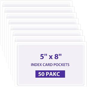 TOTiyea 50 Pack Clear Adhesive Pockets for Index Card Sleeves and Planners, Top Loading,Plastic Label Holder for Note Cards (5x8 Inches)