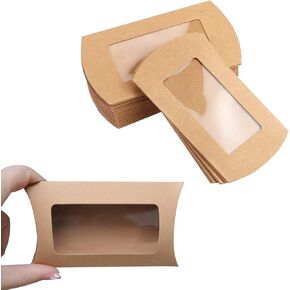 40pcs Kraft Paper Mini Pillow Packaging Box with Clear Window, Box Treat Gift Packaging Box for Bakery Candy Chocolate Jewelry Display Wedding Party Favor (Brown, 5 x 3 x 0.8 inches)