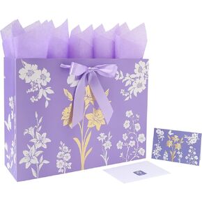 16.5" Extra Large Purple Gift Bag Set with Handles, Greeting Card, Tissue Papers and Stickers for Women Girls, Celebrating Birthdays, Mother's Day, Weddings, Anniversaries, Gold Foil Tree Design, 1 Pcs
