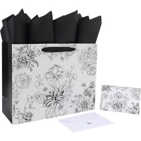 13" Large Sketched Flowers Gift Bag Set with Handles, Greeting Card, Tissue Papers and Stickers for Women Girls for Birthday, Wedding, Anniversary and Mother’s Day, Black Flowers Design, 1 Pcs