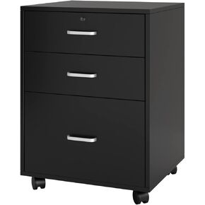soges 3 Drawer Mobile File Cabinet, Rolling Filing Cabinet, Office Pedestal File Cabinet,Modern Under Desk Storage Cabinet with Lock and Wheels, Assembly Required, Black CXWL-FC02BK