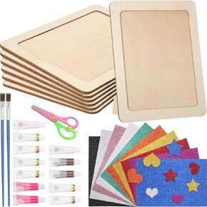 spiareal 6 pcs صورة إطار صورة طقم حرفة 8 × 10 بوصة إطار صور خشبي غير مكتمل مع ورق رغوة إيفا اللامع اللامع 12 فرشًا للفنون والمقص للفنون DIY