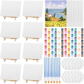 MotiMind 64 Pcs Canvas Painting Kit 16 Pcs 8 x 10 Inch Canvases 8 Wooden Easel 16 Acrylic Paints Strips 16 Paint Brushes 8 Paint Palettes for Adults Paint Birthday Art Craft Painting Party Favors