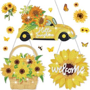 Menkxi 3 Pcs Sunflower Diamond Painting Kit DIY Sunflower Diamond Painting Hanging Sign Crystal Rhinestone Door Sign Wall Hanging Crafts for Beginners Gift Summer Home Wall Window Decor