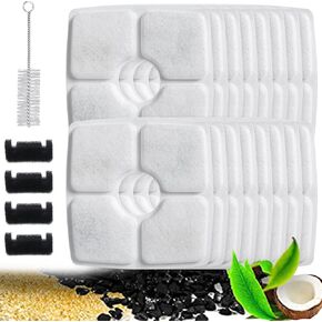 21-Pack Cat Fountain Filter Replacement Set - Compatible with 84oz/2.5L Square Pet Water Fountains, Includes 16 Carbon Filters, 4 Sponges, and 1 Cleaning Brush for Cats and Dogs