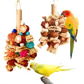 2 Pack Bird Toys for Parakeets Parrots,Natural Hanging Chew Toys with Bells,Bird Cage Toy for Cockatiels, Conures,Lovebirds,African Gray and Other Small Medium Birds