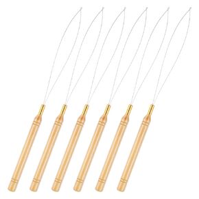 6 Pcs Extension Loop Tool Hair Extension Loop Needle Threader Hair Loop Tool Needle Threaders With Wooden Handle Wire Pulling Hook Tool And Bead Device For Hair Or Feather Extensions