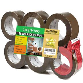 COSIMIXO 6-Pack Heavy Duty Brown Packing Tape with Dispenser, 2.5 mil x 1.88 inch x 110 Yards,Ultra Strong,Industrial Shipping Box Tan Packaging Tape for Moving, Office, & Storage
