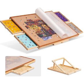 Tektalk Jigsaw Puzzle Table with Leather Bar, Wooden Plateau Portable Puzzle Board Saver with Embedded Adjustable Stand/Bracket and Removable Cover, 4 Sorting Drawers, for Up to 1500 Pieces