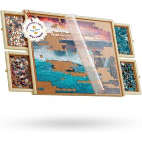 1000 Piece Wooden Jigsaw Puzzle Board - 4 Drawers, Non-Rotating Puzzle Table | 30" X 22" Jigsaw Puzzle Table | Puzzle Cover Included - Portable Puzzle Tables for Adults and Kids by Beyond Innoventions