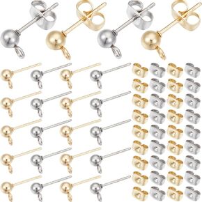 1 Box 100Pcs Ball Post Earring Studs Hypoallergenic Earring Posts Silver Stainless Steel Ear Studs with Butterfly Ear Back and Loop Round Stud Earring Findings for Jewelry Making Supplies DIY