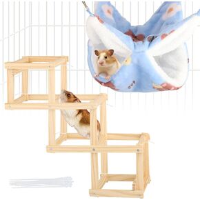 Hamster Cage Accessories Set,Rat Toys with Rat Ferret Hammock Kit,Wooden Climbing Ladder Rat Enrichment Toys,Sugar Glider Toys for Chinchilla Guinea Pig,Pet Gerbil Playing Exercise Chewing Sleep-2PCS