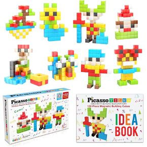 Picasso Cubes Kids Pixel 1" Magnetic Puzzle Cube Mix & Match w/Free Ideabook Sensory Toys STEAM Learning Building Block Magnets Construction Toy Set Stacking Magnet Creative Kit