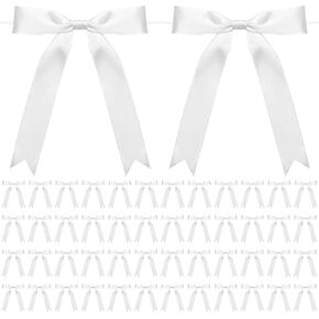 50 Pcs Twist Tie Bows 5x7 Inch Satin Ribbon Bows, Thin Ribbon Bows for Gift Wrapping Champagne Bottle Cake Decorations DIY Gift Wedding Baby Shower Birthday Party (White)