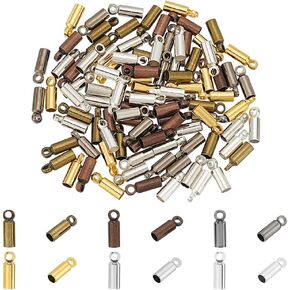 96Pcs 6 Styles Cord End Caps 8mm Long Small Barrel End Tip with Loop Ring Brass Glue-in Leather Cord Terminators Crimp End Caps for Jewelry Making Hole: 1.5mm