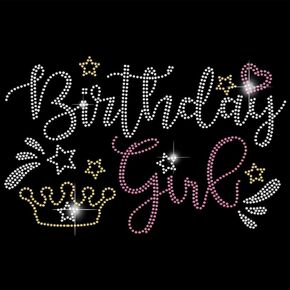 SUPERDANT Birthday Girl Iron on Rhinestones Transfer Crown Stars Bling Decals Letter T-Shirt Crystal Heat Transfer Hot Fix Stickers Crystal Festival Decor for Women Clothing DIY Art Craft