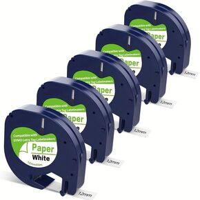 5 Pack Compatible with Dymo Letratag Refills 91200 91330 10697 S0721510 Label Maker Tape White Paper 1/2" x 13' Label Refills Work for Dymo Letra Tag LT-100H LT-100T Plus 200B QX50 XR XM 2000