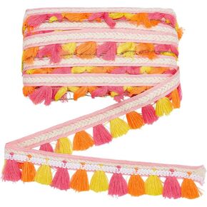 MAYJOYDIY 11 Yards Pink Tassel Fringe Trims 1-1/4 inch Ethnic Style Polyester Tassel Lace Ribbon Mixed Colors Boho Long Fringe Trim for Sewing and Craft Projects Pillow Home Decoration