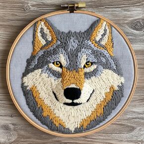 DIY Punch Needle Kits for Beginners Cartoon Pure Color Grey Wolf Head with Hoop Punch Needle Starter Craft Embroidery Set Easy for Adults and Children Festival Gift and Decoration 20x20cm-4