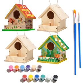 4 مجموعات مجموعات DIY Wooden Birdhouse مع الطلاء للطفل ، ترسم الخشب الخاص بك Birdhouse DIY كيد فني كوكب الطائر في الهواء الطلق معلق الكراد