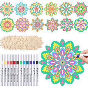24 Pcs Mandala Painting Set for Adults 12 Unfinished Wooden Mandala Cutouts with 12 Markers Flower Spring Wood Craft Kit for Painting Art Easter Holiday Gift