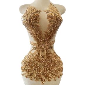 Handmade Rhinestones Bodice Applique sew on Beads Trim Patches Trim Accessories for Wedding Dress Shiny Decorative lace Patch 14X26.7inches (Champagne)