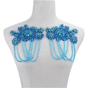 1 Pair Handmade Beaded Rhinestone Appliques Leaves Bead Patches, Sew on Crystal Flower Lace Patch,Multi-Color Pairs for DIY Clothing, Wedding Dress, Home Decor (Blue)