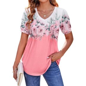 Zeagoo Women's Puff Short Sleeve Boho Shirts Casual V Neck Floral Solid Summer Blouse Pleated Casual Tunic Top
