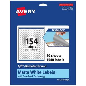 Avery TrueBlock Matte White Round Labels with Sure Feed, 0.5" Diameter, 1,540 Matte White Labels, Print-to-The-Edge, Laser/Inkjet Printable Labels, Great for Product Labels and Price Stickers