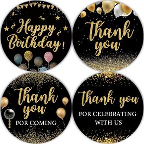80 Pcs Black Happy Birthday Stickers - Boy Girl Big Milestone Bday Party Decorate Round Party Gifts, Thank You Stickers for Gender Reveal, Baby Shower, Birthday Party