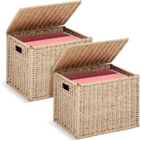 2 Pcs Seagrass File Box Organizers, Collapsible Letter Size Hanging Filing Cabinet with Lid, Portable Decorative Document File Storage Box for Office/home, Letter Size, Natural