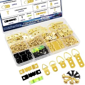 353PCS Golden Picture Hanging Kit,Picture Hangers Heavy Duty Picture Hanging Hooks with Screws,Picture Frame Hooks Heavy Duty Picture Framing Supplies Kit for Picture Hanging(7 Types)