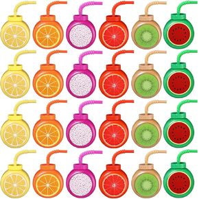 Mifoci 24 Set Summer Fruit Cups with Straws Lids 10oz Plastic Frutti Party Cups Tropical Kiwi Lemon Orange Grapefruit Watermelon Pitaya Pattern for Boys Girls Birthday Luau Party Favor Supplies