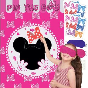 Cute Mouse Birthday Party Decoration, Pin The Bow Sticker on Mouse Party Game, Pink Large Poster with 24Pcs Bow Stickers for Girls Birthday Favors