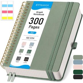 EMSHOI Spiral Graph Paper Notebook - 300 Pages, 100 GSM Thick Grid Notebook, A5 Small Hardcover Leather Journal for Women Men Writing Engineering Graphing, 5.7" x 8.22", Gray Blue