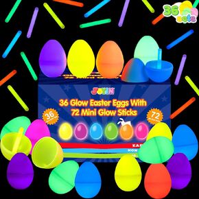 JOYIN 36 Pcs Easter Eggs with 72 Pcs Mini Glow Sticks for Kids Glow-in-The-Dark Basket Stuffers Fillers Gift, Easter Eggs Hunt Game Party Favors Classroom Decorations Supplies