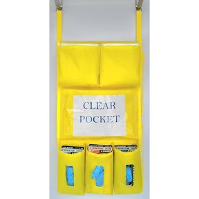 إنه Sew EZ PPE Door Door Caddy - 8 جيوب - أصفر NFPA -701 NYLON NYLON OXFORD مع خطافين من الفولاذ المقاوم للصدأ